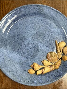 Blue Ceramic Art Pottery Plate Shell Pattern Handmade Decorative